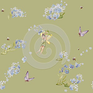 Forget Me Not Seamless Kids Pattern with Fairy Garden