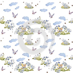 Forget Me Not Spring Patterns with Fairy Garden and Clouds