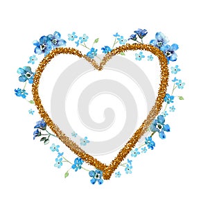Forget-me-not watercolor flowers heart frame with golden contour