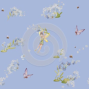 Forget Me Not Watercolor Patterns. Cute Fairy Garden