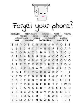 Forget your phone Funny restroom poster. Bathroom word search puzzle. Toilet humor. Home wall decor print. Vector illustration