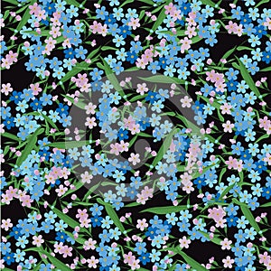 Forgetting seamless pattern. Blue pink flowers green on black background flat design element s