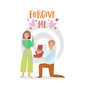 Forgive me concept with young couple, angry woman after quarrel looking with frustrated look and man asking forgiveness