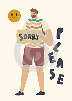 Forgiveness Concept. Male Character Apologize Holding Board with Sorry Inscription, Man Ask to Forgive for Mistake