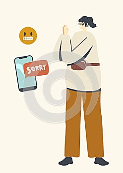 Forgiveness, Human Relations Concept. Female Character Apologize Send Sorry Sms by Smartphone Begging to Forgive