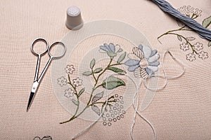 Forgotten craft embroidery. The cloth, thread, needle, thimble, scissors