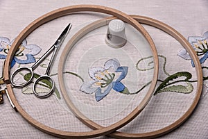 Forgotten craft embroidery. The cloth, thread, thimble, scissors embroidery hoop