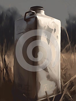 A forgotten milk carton stained and dented in the brush.. AI generation