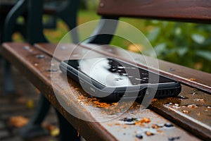 Forgotten smartphone on park bench, a story of a lost connection