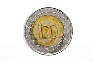 The forint sign: Ft; code: HUF is the currency of Hungary. Coins on isolated white background.