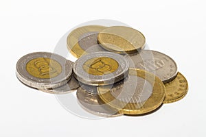 The forint sign: Ft; code: HUF is the currency of Hungary. Coins on isolated white background.