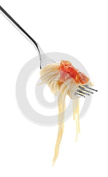 Fork with delicious pasta and tomato sauce on white background