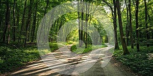 Fork in a forest road in a beautiful green forest