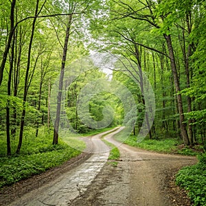 Fork in a forest road in a beautiful green forest