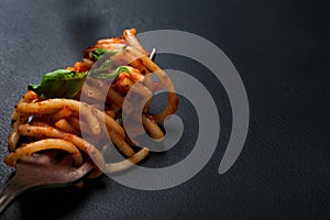 Fork full of twirled italian spaghetti with a bolognese meat sauce and basil.