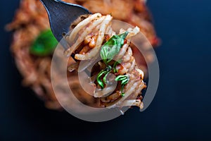 Fork full of twirled italian spaghetti with a bolognese meat sauce and basil over a plate of pasta with tomato sauce.