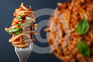 Fork full of twirled italian spaghetti with a bolognese meat sauce and basil over a plate of pasta tomato sauce.