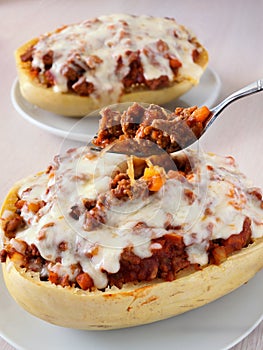 Fork with ground turkey and cheese baked with spaghetti squash