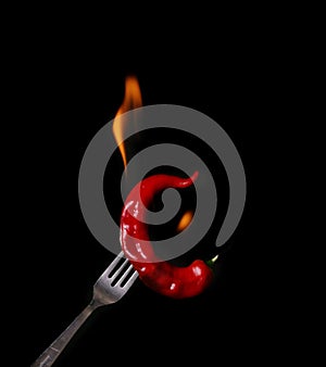 Fork impale to red hot chili on black background photo