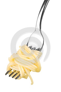 Fork with just spaghetti around it on white