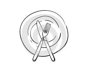 Fork and knife crossed on empty plate, Vector linear sketch top view cutlery isolated, Kitchen dining utensils, Hand drawn