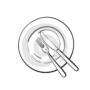 Fork and knife on empty plate, Vector linear sketch top view cutlery isolated, Kitchen dining utensils