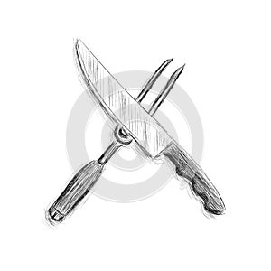 Fork and knife hand drawn sketch. Utensils vector drawing