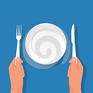 Fork knife in hand man. Sitting at table with an empty plate. Vector flat.