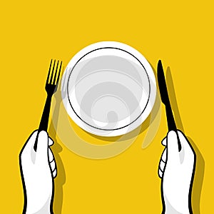 Fork knife in hand man. Sitting at table with an empty plate. Vector flat.