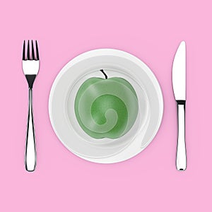 Fork and Knife near Plate with Fresh Green Apple, Top View . 3d Rendering