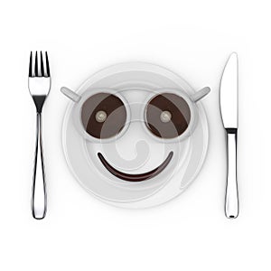 Fork and Knife near Plate with Two Cups of Coffee and Chocolate Smile, in Shape of Cartoon Face, Top View. 3d Rendering