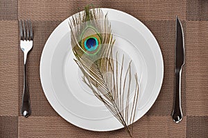 Fork and knife and a peacock feather on a dish concept of eating inhuman wildlife animal