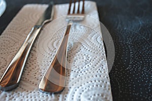 Fork and knife placed on napkin