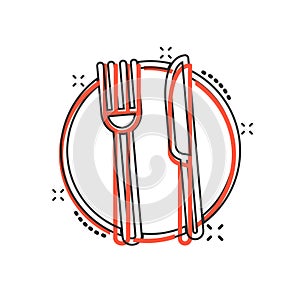 Fork, knife and plate icon in comic style. Restaurant vector cartoon illustration on white isolated background. Dinner business