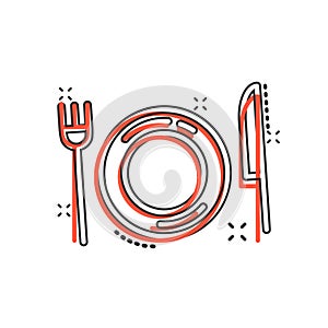 Fork, knife and plate icon in comic style. Restaurant vector cartoon illustration on white isolated background. Dinner business