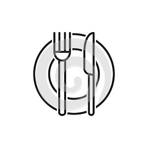 Fork, knife and plate icon in flat style. Restaurant vector illustration on white isolated background. Dinner business concept