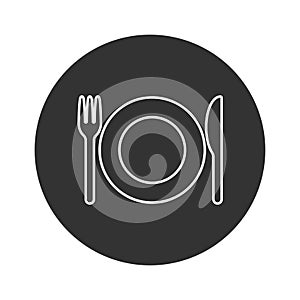 Fork knife and plate icon logo. Simple flat shape restaurant or cafe place sign. Kitchen and diner menu symbol.