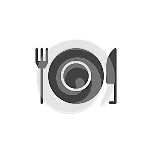 Fork and Knife With Plate icon vector, filled flat sign, solid pictogram isolated on white.