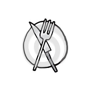 Fork and knife on the plate illustration. tableware icon isolated on white background. hand drawn vector. doodle art for logo, lab