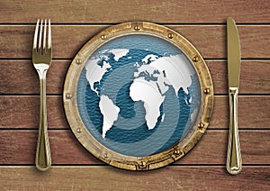 Fork, knife and porthole with world map concept