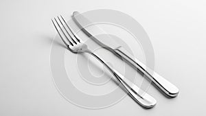 Fork has four evenly spaced tines while the knife has a smooth