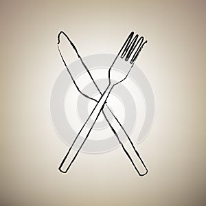Fork and Knife sign. Vector. Brush drawed black icon at light br