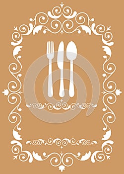 Fork, knife and spoon in floral frame