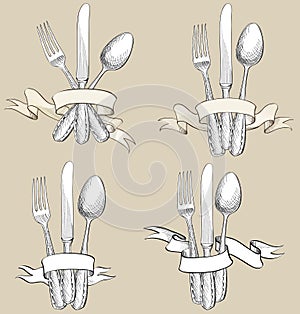 Fork, Knife, Spoon hand drawing sketch set. Cutler