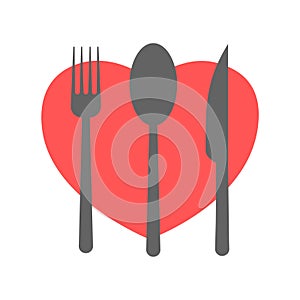 Fork and knife and spoon with heart shape