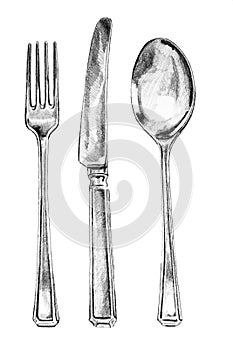 Fork knife and spoon pencil illustration