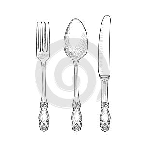 Fork, Knife, Spoon sketch set. Cutlery hand drawing collection.