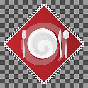 Fork, knife and spoon with a soup plate on red napkin. Cutlery and dish table setting. Vector illustraion.