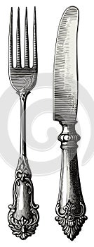 Fork and knife vintage etching. Ornate details silverware retro drawn, antique engraved dinner dishware, cutlery