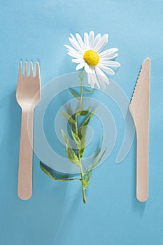 The Fork with knife white daisy on blue background.